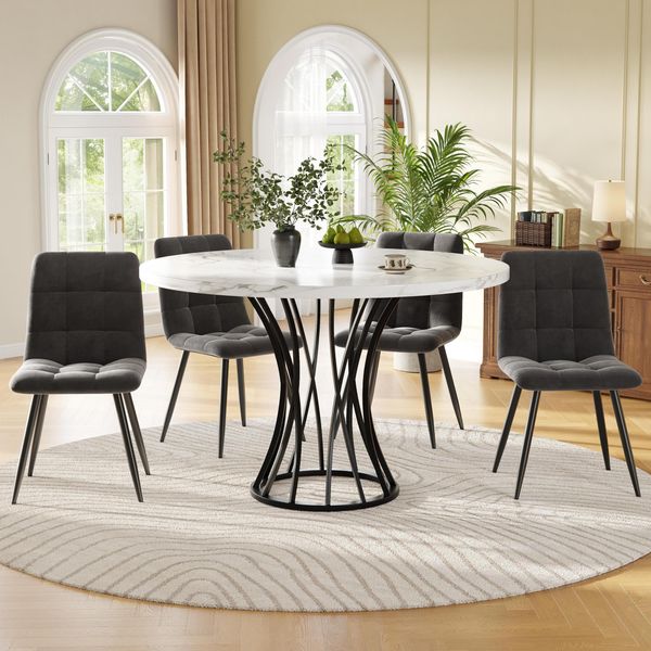 Set Da Pranzo Fortuna Lai (5 Pezzi), Set Da Pranzo Con 4 Sedie, Set Da Cucina Moderno, Tavolo Da Cucina Rotondo Diametro 80 Cm, Gambe Nere, Piano Del Tavolo Marmorizzato Bianco, Sedie Da Pranzo In Velluto Grigio-image