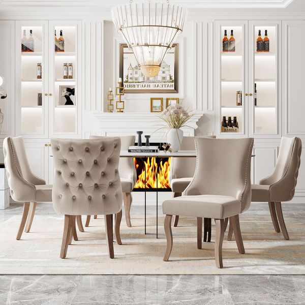 Sedia Da Pranzo Fortuna Lai (Sedia Da Salotto Con Esclusiva Trapuntatura A Bottoni Sullo Schienale, 6 Pezzi), Sedia Imbottita Con Rivestimento In Velluto E Borchie, Gambe Curve In Legno Massello, Beige (2024.1.4 Cambio Gambe!!)-image