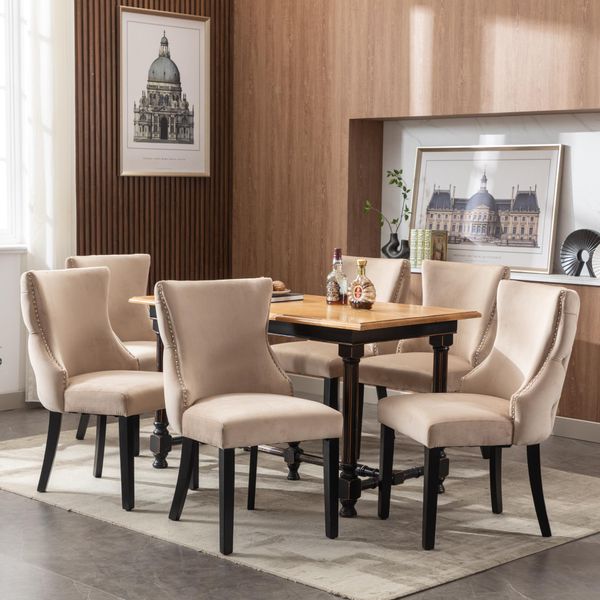 Fortuna Lai Sedia A 4 Gambe, Sedia Da Pranzo In Velluto Beige, Con Trapuntatura A Bottoni, Struttura In Legno Massello, Beige (Set Da 6 Pezzi)-image