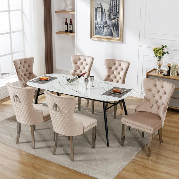 Sedia Da Pranzo Fortuna Lai (Sedia Da Cucina/Soggiorno Con Esclusivo Battente Sul Retro, 6 Pezzi), Sedia Imbottita Con Rivestimento In Chiodini, Gambe Di Supporto In Metallo, Rivestimento In Velluto, Beige-image