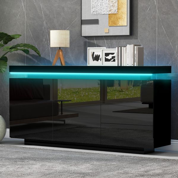 Fortuna Lai Credenza Moderno Soggiorno Mobile Ausiliario Mobile Alto Comò Credenza Alta Mobile Da Cucina Mobili 2 Ante 3 Cassetti Credenza Lucida Con Luce Led Senza Maniglie 140X35X72,5 Cm - Nero-image