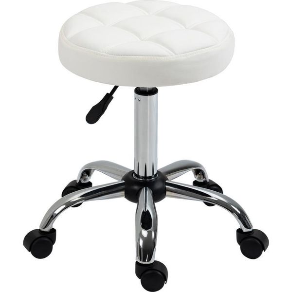 Fortuna Lai Sgabello Con Rotelle Sgabello Da Lavoro Girevole E Regolabile In Altezza Per Ufficio E Salone, Ecopelle Bianca Ø35,5 X 51-67 Cm-image
