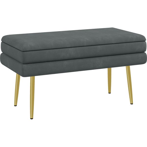 Panca Imbottita Fortuna Lai Con Vano Contenitore, Grigia, Effetto Velluto, Panca Letto Con Gambe In Acciaio, Panca Porta Scarpe Per Soggiorno E Camera Da Letto 79,5X37,5X43 Cm-image