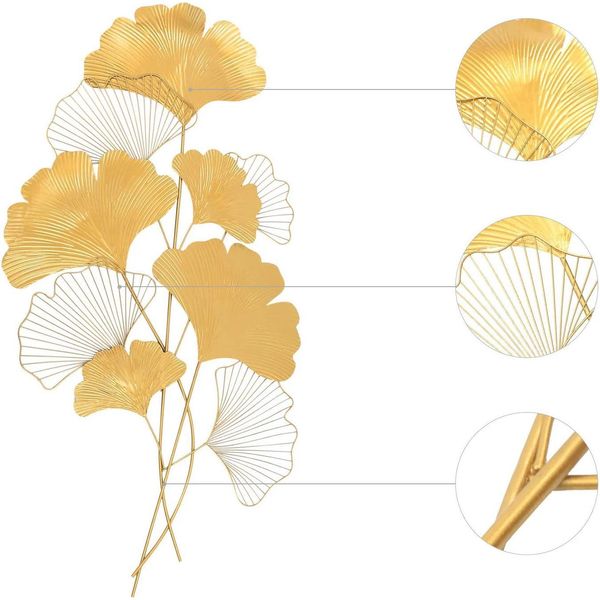 Decorazione Da Parete Ginkgo - Quadro 3D In Metallo - 110 X 55 Cm - Rilievo - Soggiorno - Oro-image