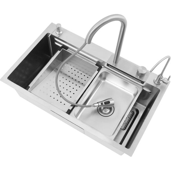 Lavello Da Cucina - Vasca Singola Rettangolare - Acciaio Inox 304 - Rubinetto Miscelatore Estraibile - Acqua Calda/Fredda - Cestello Filtrante - Per Ristorazione/Cucine Industriali - Argento-image