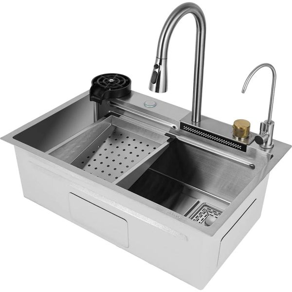 Lavello Da Cucina - Lavello Da Incasso - Doppia Vasca - 75 X 35 X 21 Cm - Acciaio Inossidabile 316 - Con Rubinetteria - 1 Foro Per Rubinetto - Rettangolare - Argento-image