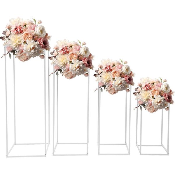 Portafiori - Colonna Portavasi Da Terra - Set Da 4 - Metallo - Quadrato - Capacità Di Carico 10-15 Kg Per Supporto - Per Decorazioni Nuziali - Bianco-image