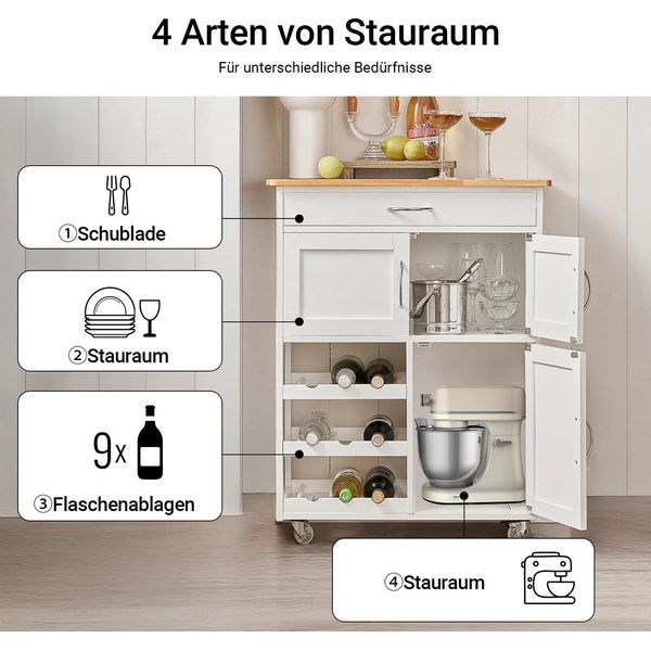 Carrello Di Servizio/Carrello Da Cucina - Modello FKW45 - Indipendente - Legno - Per Cucina/Soggiorno/Sala Da Pranzo - Richiede Assemblaggio - Avorio-image