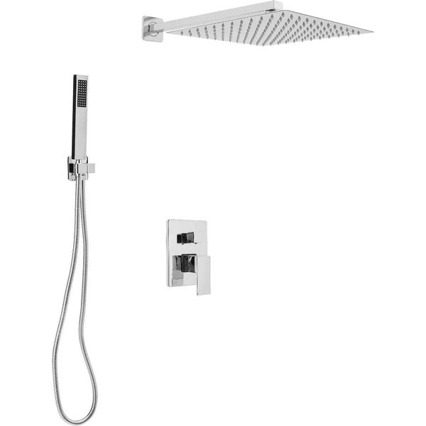 Set Doccia - Doccia A Pioggia Con Doccetta - Soffione Quadrato Da 30 Cm - Montaggio A Parete - Ottone - Cartuccia In Ceramica - Con Tubo Flessibile - Cromo-image