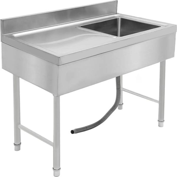 Lavello Gastronomico In Acciaio Inox - Lavello Monobacino Indipendente - Vasca Destra - Ripiano - Senza Rubinetteria - Da Montare - Argento-image