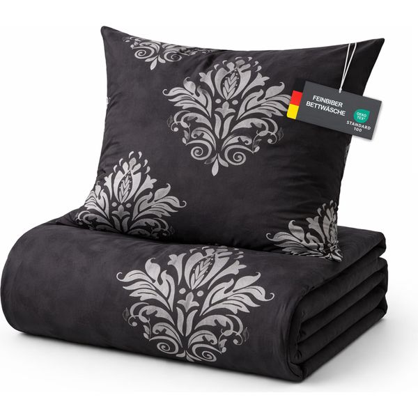 Biancheria Da Letto In Flanella Fine Nera (Ornamento) 2 Pezzi 155X220/80X80 Cm, Copripiumino Con Cerniera, Calda, Morbida, ÖKo-Tex 100-image