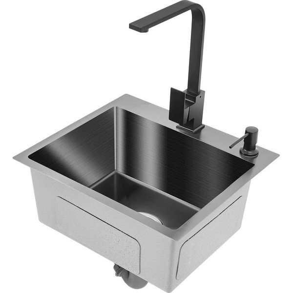 Lavello Da Cucina In Acciaio Inox 201 - 40×45×20 Cm - Vasca Singola - Con Rubinetto - Dispenser Sapone 150 Ml - Sottopiano/A Filo Piano/Da Appoggio - Lucido, Rivestimento Nano - Nero-image