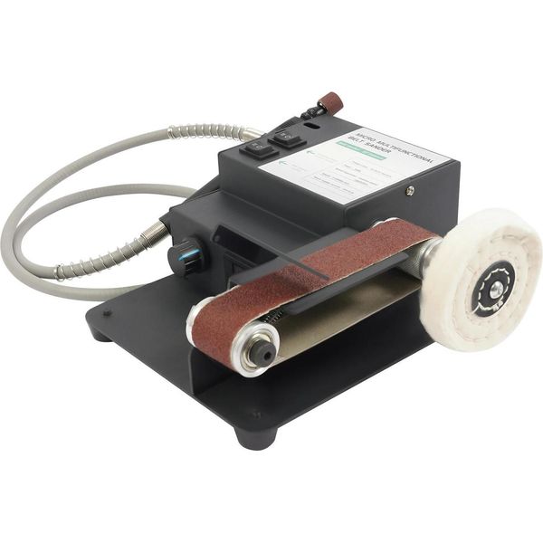 Mini Levigatrice A Nastro Da Tavolo - Levigatrice A Nastro - Potenza 350 W - Doppio Motore - Alimentazione A Rete - 10 Nastri Abrasivi Inclusi - Per Affilare Coltelli - Per Legno E Metallo - Nero-image