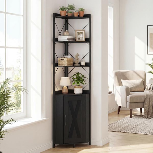 Costway Scaffale Angolare A 6 Ripiani, Libreria Angolare Da 180 Cm Con Armadio, Ante E Telaio In Metallo, Libreria Indipendente, Scaffale Portaoggetti (Nero, 38X38X180 Cm)-image