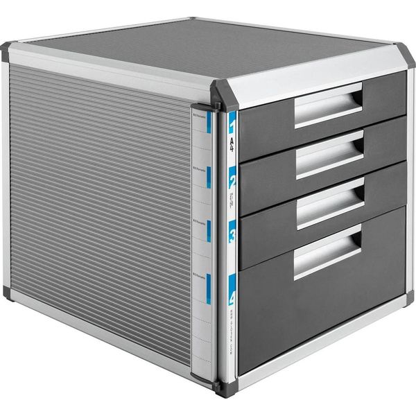 Cassettiera Da Scrivania - Organizer Da Scrivania Con 4 Cassetti - Chiudibile A Chiave - Lega Di Alluminio E Mdf - Dimensioni 31,5×35×29,8 Cm - Altezza Cassetti 10/5 Cm - Argento-image