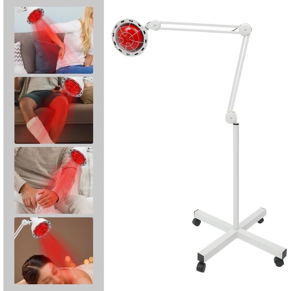 Lampada Termica A Infrarossi A Luce Rossa - Lampada Da Terra - 275 W - Temperatura 0-90 °C - Ruotabile A 360° - Regolabile In Altezza - 4 Rotelle - Spina Ue 220 V - Bianca-image