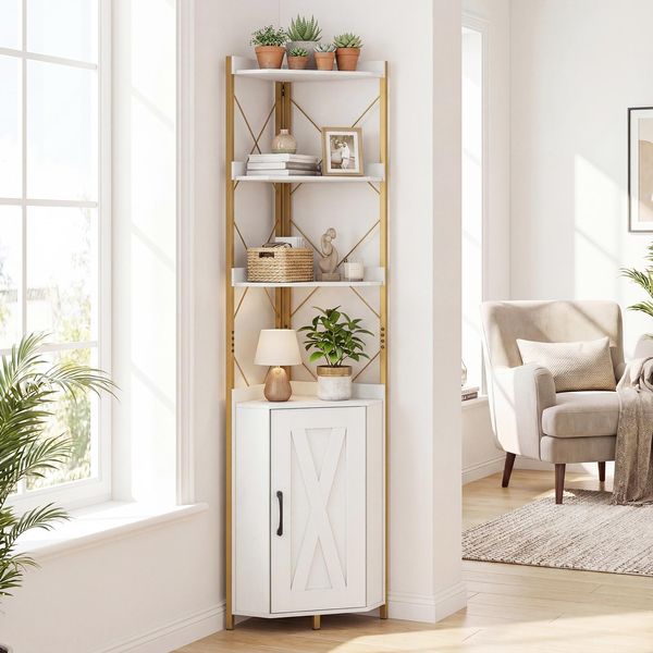 Costway Scaffale Angolare A 6 Ripiani, Libreria Angolare Da 180 Cm Con Armadio, Ante E Struttura In Metallo, Libreria Indipendente, Scaffale Portaoggetti (Bianco, 38X38X180 Cm)-image