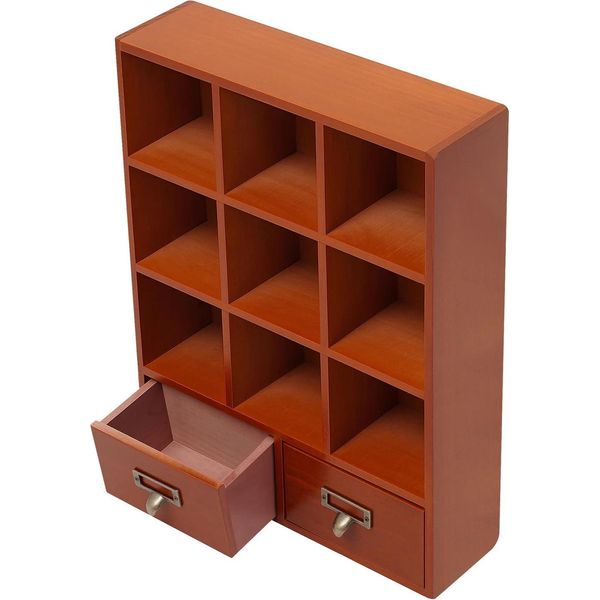 Armadio Portaoggetti In Legno - Organizer Con Scomparti E Cassetti - 9 Scomparti, 2 Cassetti - Montaggio A Parete O Indipendente - Con Maniglie - 33,3X10X42,5 Cm - Marrone-image