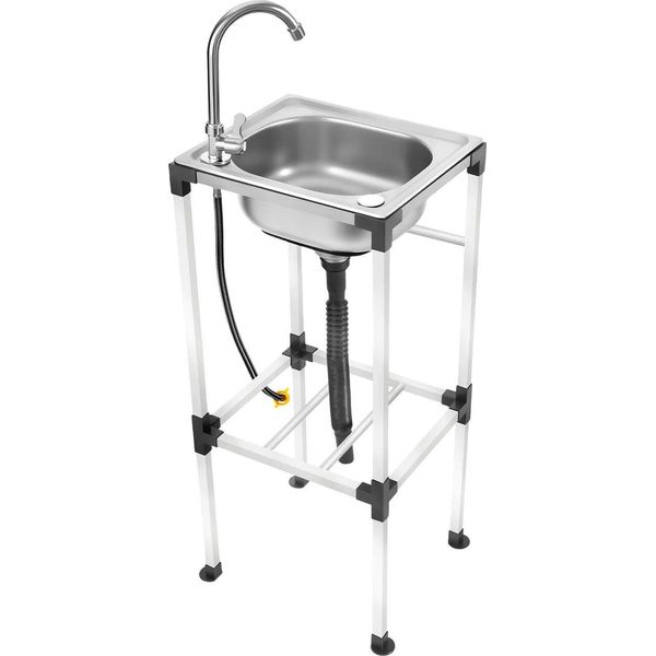 Lavello In Acciaio Inox - Lavello Indipendente - Dimensioni 42×37×83 Cm - Miscelatore Caldo/Freddo - Con Tubo Di Scarico, Tubo Di Alimentazione, Filtro A Cestello - Max 60 Kg - Argento-image
