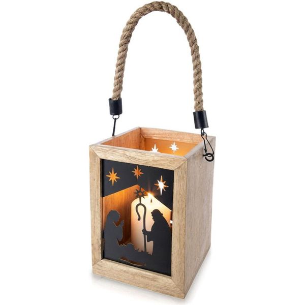 Orion | Lanterna - Portacandele In Legno - 14X20 Cm - Motivo Della Sacra Famiglia - Per Luci Da Tè - Legno Di Mango-image