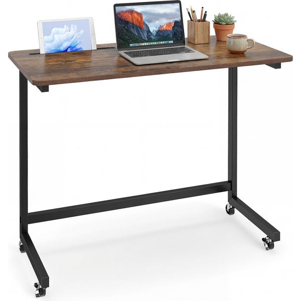 Costway Tavolino Con Rotelle, Tavolino Per Laptop Con Vano Portaoggetti Integrato, Tavolino Da Letto A Forma Di C, Tavolino Da Toeletta Per Soggiorno, Camera Da Letto, Marrone-image