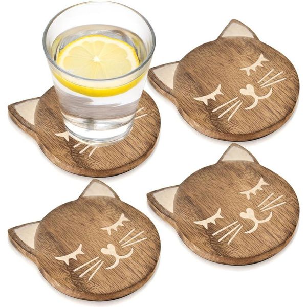 Orion | Sottobicchiere Per Tazze - In Legno - A Forma Di Gatto - 10X11 Cm - 4 Pezzi - Legno Di Mango-image