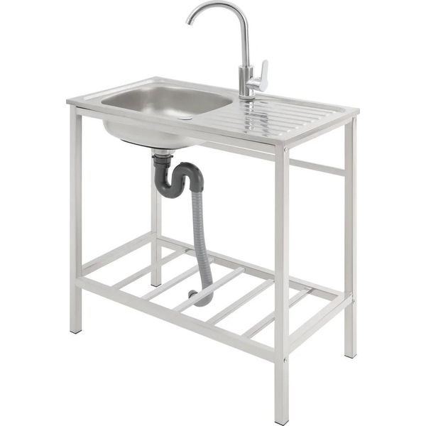 Lavello Da Cucina - Lavello Monobacino Indipendente - Acciaio Inossidabile - Con Rubinetto Orientabile A 360° - 1 Foro - Argento-image