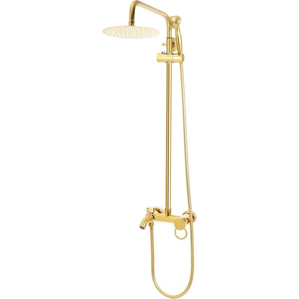 Sistema Doccia - Montaggio A Parete - Soffione Doccia Rotondo 15 Cm - Regolabile In Altezza 80-117 Cm - Soffione Girevole A 360° - Ottone - Oro-image