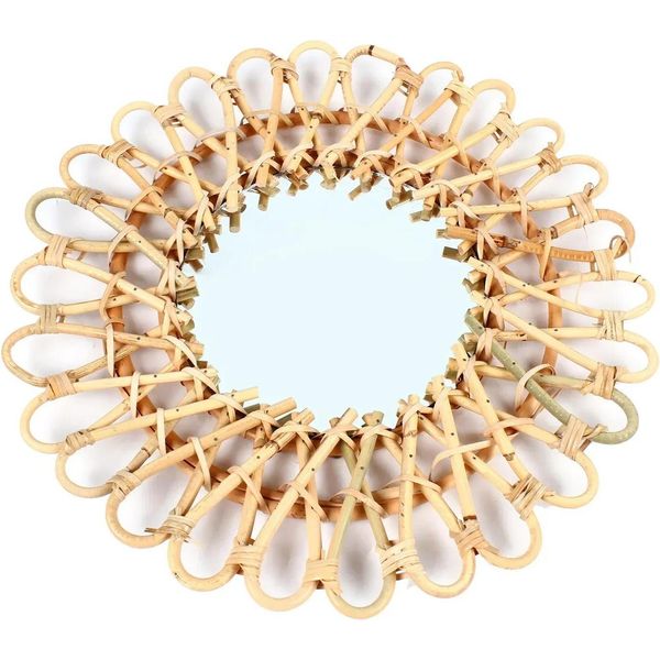 Specchio In Rattan - Specchio Con Cornice Rotonda - Ø 20 Cm - Stile Classico - Portatile - Rattan + Abs - Marrone-image