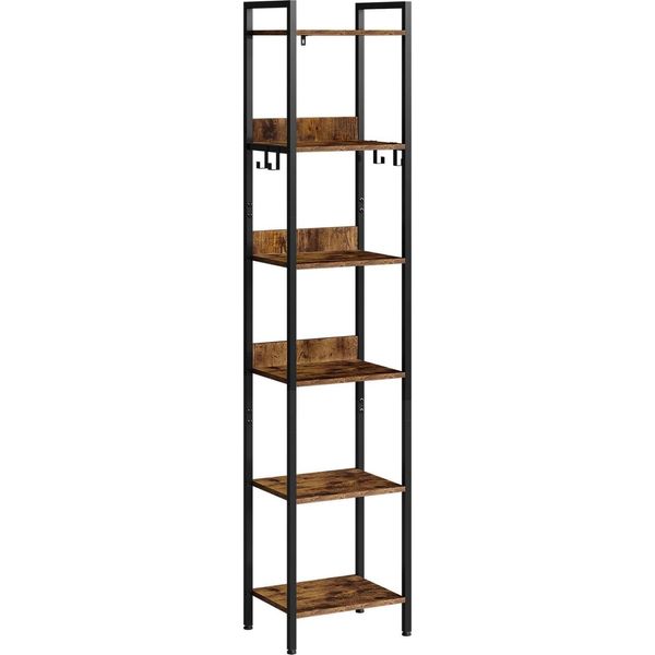 Libreria A Scala - Scaffale A 6 Ripiani - Struttura In Metallo - Legno Mdf E1 - 40 X 30 X 187 Cm - 4 Ganci Rimovibili - Stile Industriale Vintage - Nero/Cioccolato-image