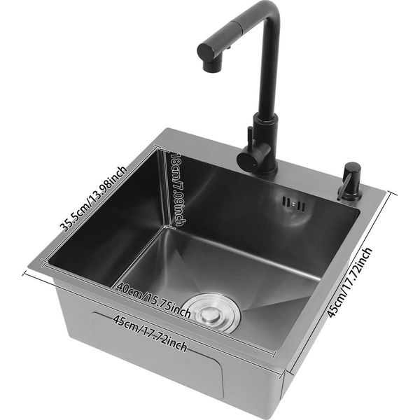 Lavello Da Cucina - Vasca Singola - Acciaio Inossidabile, 45×45×18 Cm, Quadrato, Con Rubinetto, 2 Fori - Nero-image