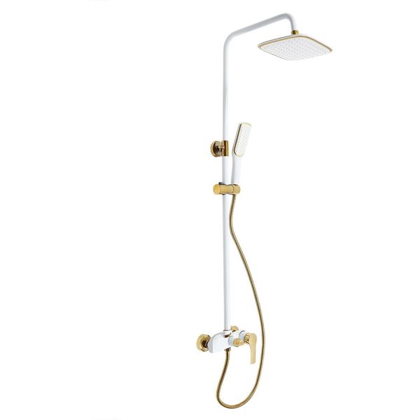 Sistema Doccia A Parete - Set Doccia G1/2 - Doccia A Mano E Soffione - Regolabile In Altezza - Soffione Quadrato - Ottone - Bianco/Oro-image
