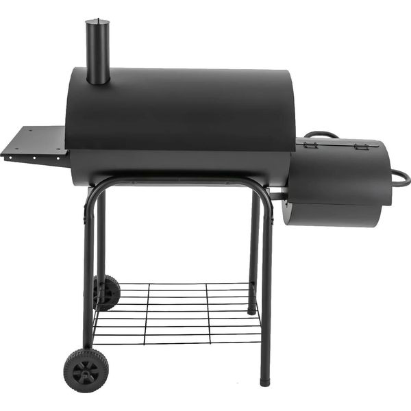 Barbecue A Carbonella Da Esterno - Bbq Smoker - Ghisa - Ripiano Laterale - Ruote - Ripiani - 147×70×126 Cm - Nero-image