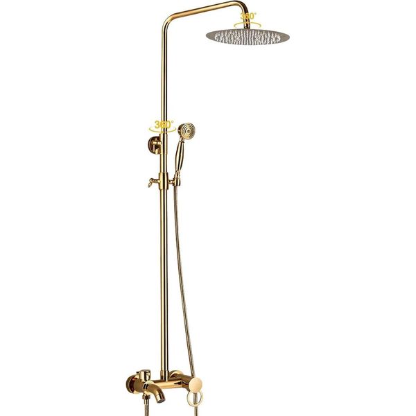 Sistema Doccia Per Bagno - Miscelatore Con Set Doccia - Montaggio A Parete - Soffione Doccia Da 20 Cm - 2 Maniglie - Valvola In Ceramica - Ottone E Acciaio Inossidabile - Oro-image