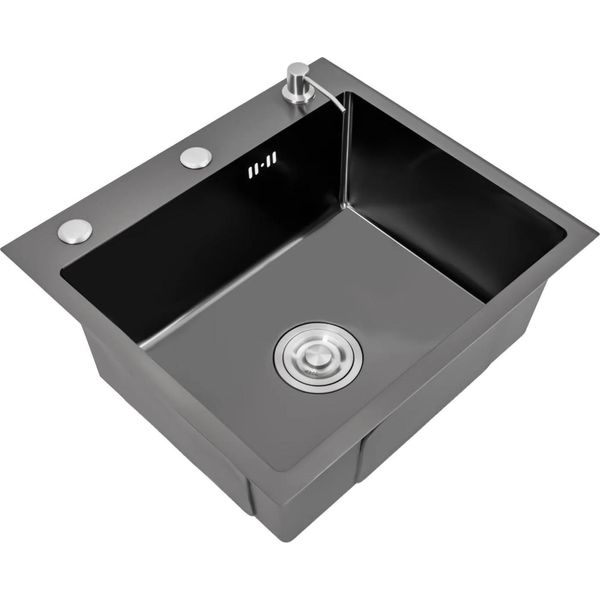 Lavello Da Cucina - Vasca Singola - 50 X 45 Cm - Acciaio Inossidabile - Con Rubinetto - 1 Foro - Nero Opaco-image