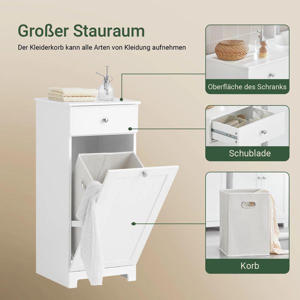 BZR21 - Armadio Per Biancheria / Armadio Da Bagno - Sacco Porta Biancheria Estraibile - Cassetti - Legno - Compatto <60 Cm - Montaggio Necessario - Bianco-image