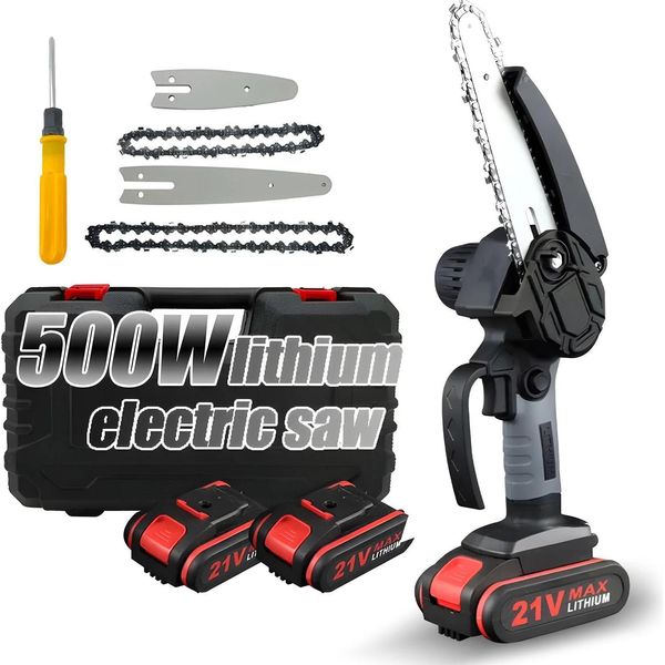 Mini Motosega - Motosega A Batteria 21 V - Lama 10/15 Cm - 2 Catene - Blocco Di Sicurezza - Ricaricabile Senza Fili - Nero-image