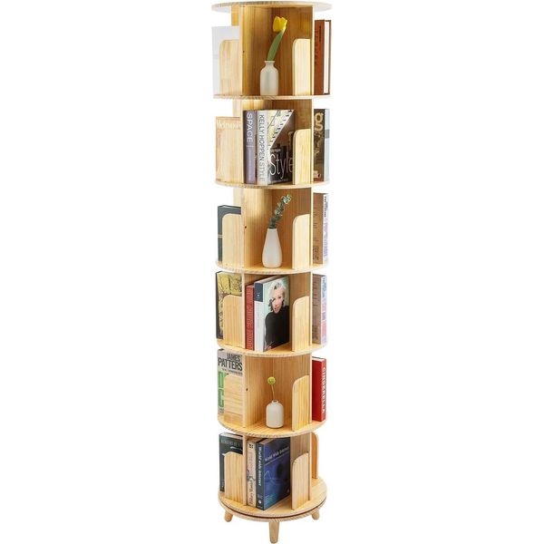 Libreria Girevole - Libreria A Torre - 6+ Ripiani - Rotonda - Modello Indipendente - Legno - Con Piedini - Marrone-image