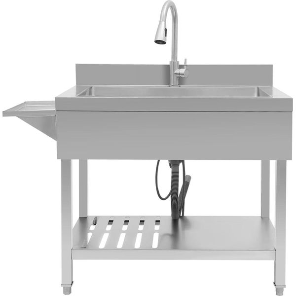 Lavello Da Cucina - Vasca Singola - Acciaio Inossidabile - Rubinetto Estraibile 60 Cm - Piedini Regolabili 1-3 Cm - Portata 150 Kg - 89,92×56,9×93,98 Cm - Argento-image