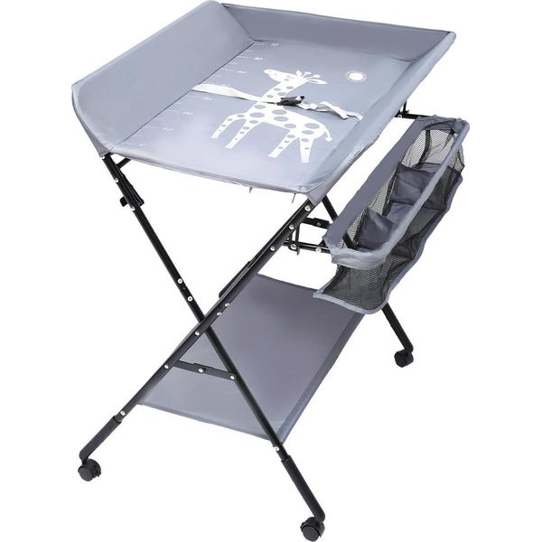 Fasciatoio - Stazione Fasciatoio - Regolabile In Altezza - Pieghevole - 4 Ruote Piroettanti - Ripiano - 80 X 63 X 96 Cm - Portata 25 Kg - Grigio-image