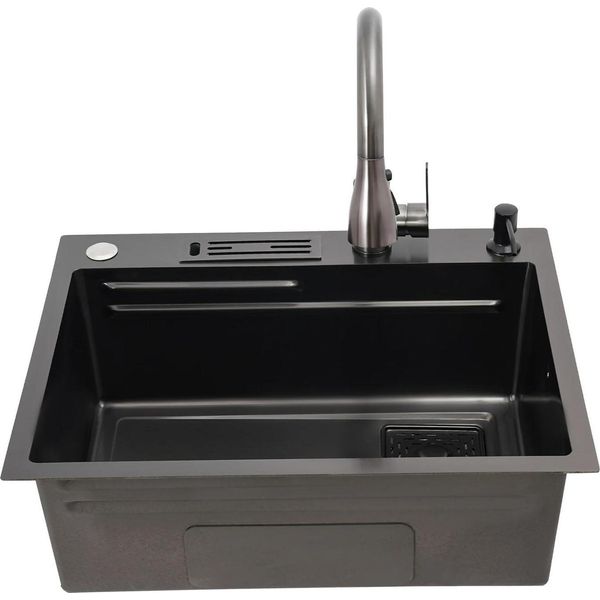 Lavello Da Cucina - Vasca Singola - Con Rubinetto - Acciaio Inossidabile 304 - Portacoltelli - 60×45×22 Cm - Nero-image