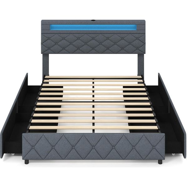 Costway Letto Imbottito 140X200 Cm Con Led, 2 Porte Usb, Struttura Letto Matrimoniale Con Cassetti, Testiera Regolabile E Rete A Doghe, Senza Materasso-image