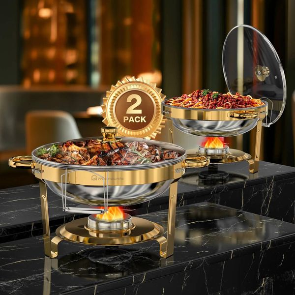 Set Di Scaldavivande Chafing Dish - Rotondo In Acciaio Inossidabile 4,7 L - Set Da 2 - Per Buffet E Feste In Casa - Marrone-image