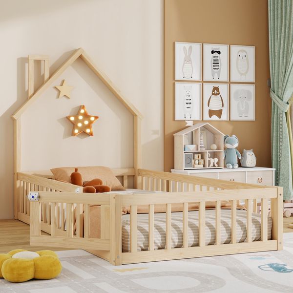 Letto A Casetta, 90 X 200 Cm, Lettino Con Camino, Letto Con Rete A Doghe (Senza Materasso), Legno Di Pino, Stile Minimalista-image