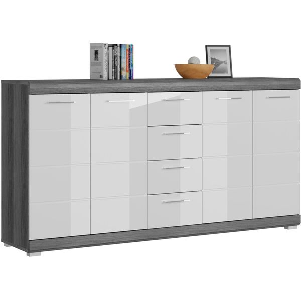 Kommode Home Affaire "Siena, Breite 165Cm, 4 TüRen, 4 SchubkäSten, 8 EinlegeböDen, 12 FäCher", Grau (Front: Weiß Hochglanz Tz, Korpus: Rauchsilber Nb, Absetzung: Rauchsilber Nb), B:165Cm H:85Cm T:37Cm, Sideboards, Kommode, Schuhkommode, Schuhschrank, Anrichte, Sideboard-image