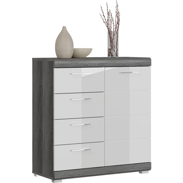 Kommode Home Affaire "Siena, Breite 80 Cm, 1 TüR, 2 EinlegeböDen, 3 FäCher, 4 SchubkäSten", Grau (Front: Weiß Hochglanz Tz, Korpus: Rauchsilber Nb, Absetzung: Rauchsilber Nb), B:80Cm H:85Cm T:37Cm, Sideboards, Kommode, Schuhkommode, Schuhschrank, Anrichte, Sideboard-image