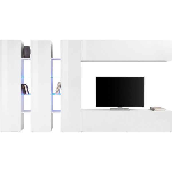 Wohnwand Home Affaire "Maruska", Weiß (Weiß Hochglanz, Weiß Hochglanz), B:340Cm H:180Cm T:30Cm, Holzwerkstoff, KastenmöBel-Sets, Wohnwand-image