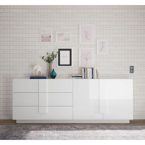 Sideboard Home Affaire "Jupiter, Breite 241 Cm, Kommode 2 TüRen - Soft Closing, 3 SchubkäSten", Weiß (Weiß Hochglanz Lack), B:241Cm H:90Cm T:44Cm, Sideboards, Sideboard, Anrichte, Moderne Griffblende, Fsc, Cleveres Stauraumkonzept-image