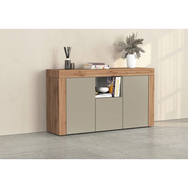 Sideboard Otto Home "Chronos Breite 155 Cm Mit 3 TüRen, 1 Offenes Und 6 Geschlossene FäCher", Taube Matt, Eiche Wotan, B:155Cm H:85Cm T:40Cm, Sideboards, Sideboard, Sideboard,Kommode, Schrank, Grifflos Mit Push To Open, Made In Italy-image