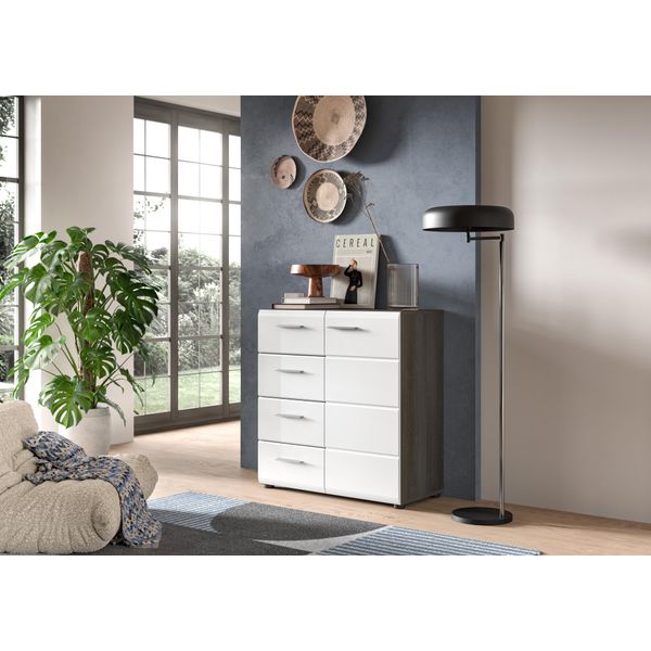 Kommode Home Affaire "Rumba, Breite 80Cm, In Rauchsilber Nachbildung/Weiß Hochglanz", Grau (Rauchsilber Nachbildung, Weiß Hochglanz Tiefzieh), B:80Cm H:85Cm T:37Cm, Sideboards, Kommode, Kommode, Sideboard, Schrank-image